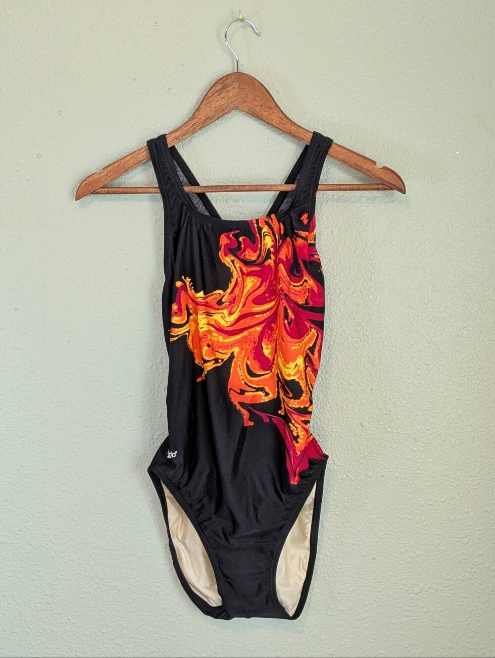 Y2K Youth Speedo Black One-Piece with Red Accent Logo and Orange Flame Printy